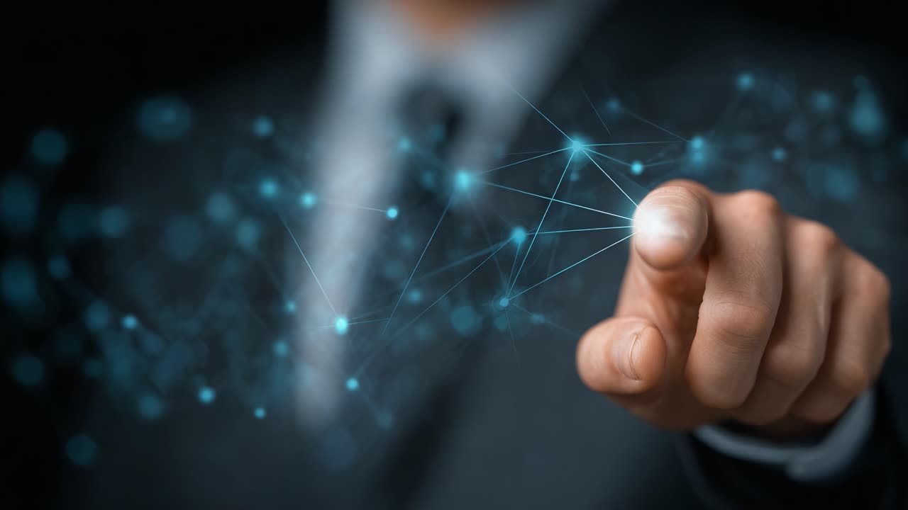 A Business Professional Engaging with Digital Connections Through Touch, Visualizing Data Interactions and Technological Integration in a Modern Workspace