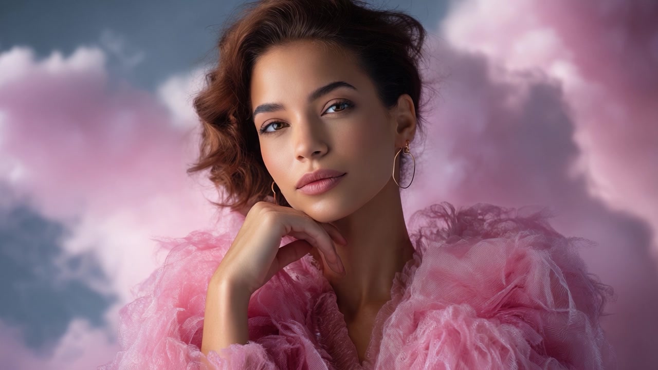 Un ritratto sereno di una giovane donna in un soffice completo rosa contro uno sfondo nuvoloso da sogno, che cattura eleganza e compostezza.