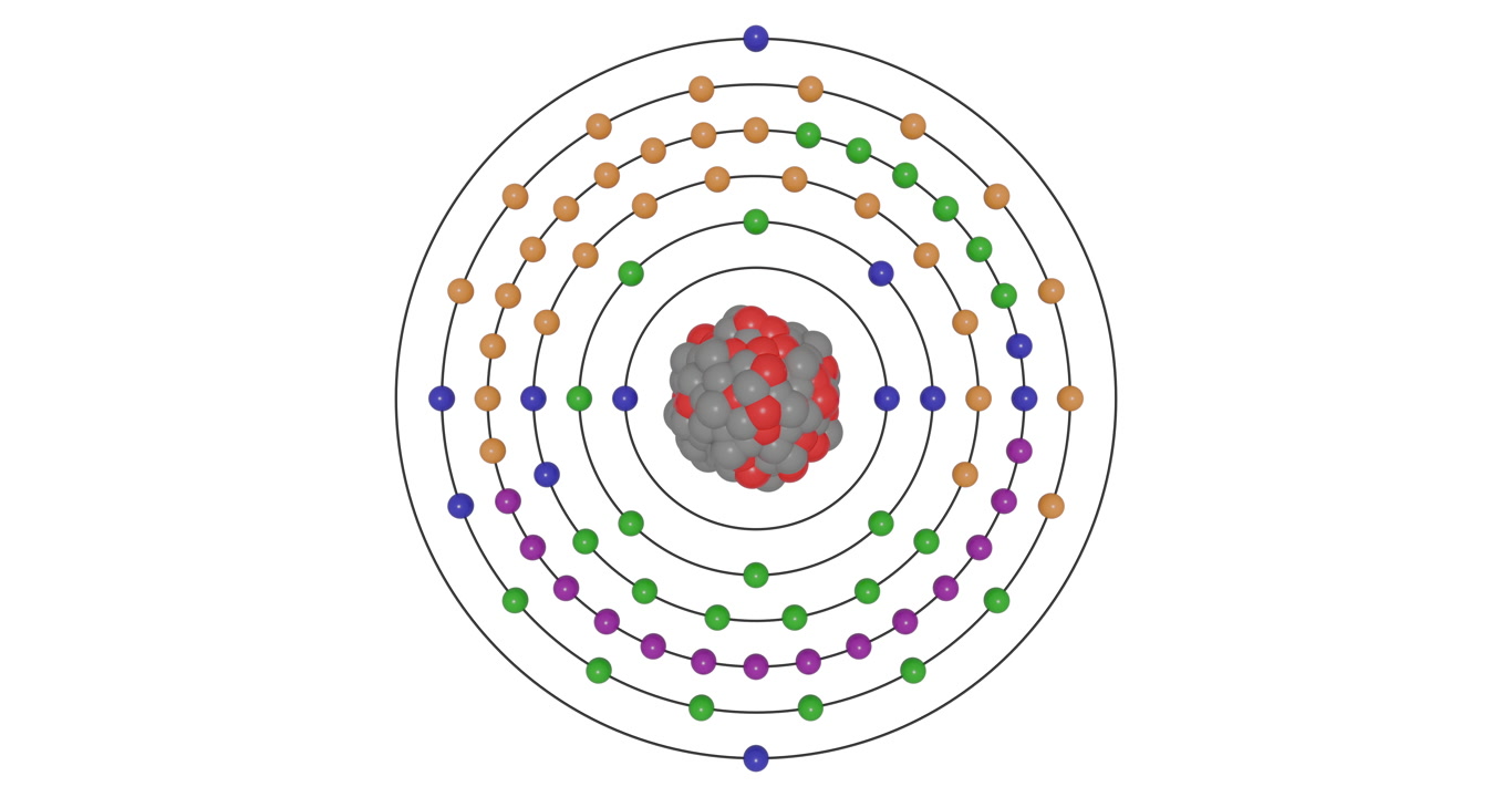 3D animation of Mercury (Hg; Z=80) atom in the Bohr model with electron orbits, nucleus, protons, neutrons, and energy levels in a seamless loop. Ideal for STEM education and scientific visualization.