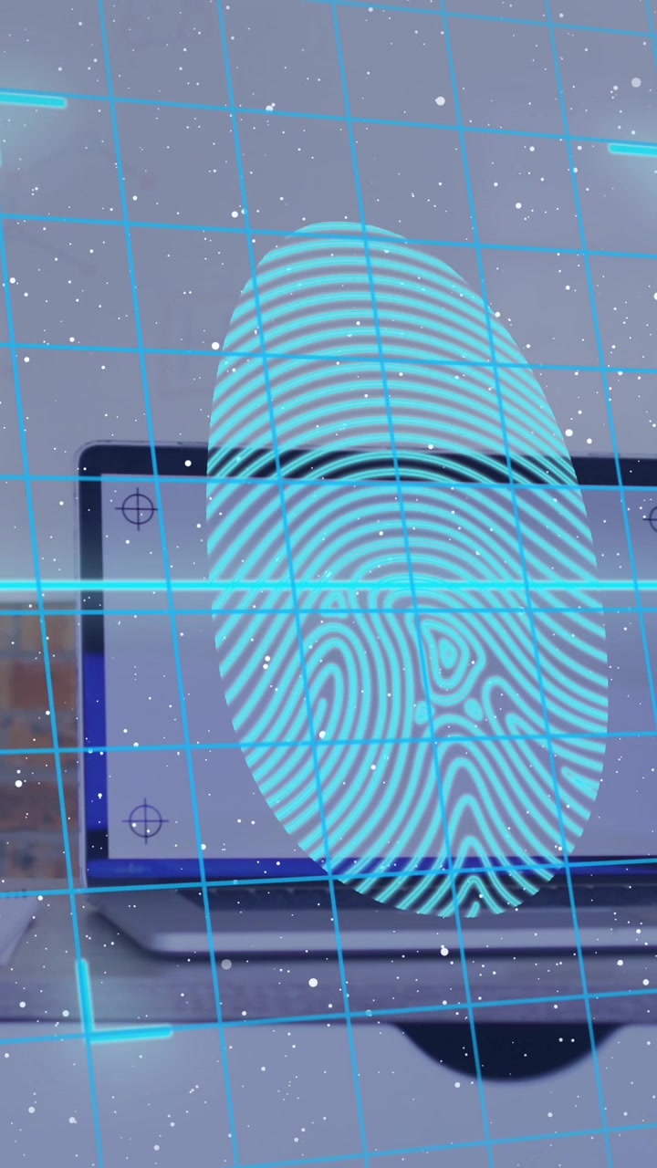 Animation of data processing with biometric fingerprint and padlocks over laptop
