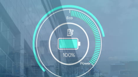 animación del número cambiante y el icono de la batería en el velocímetro sobre el edificio moderno contra el cielo