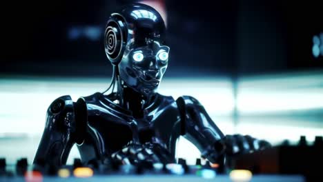a futuristic robot mixing beats at a digital console, showcasing advanced technology and a unique blend of music and artificial intelligence in a modern environment