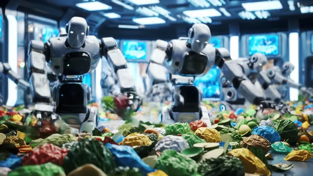 In a futuristic environment, advanced robots efficiently sort through a colorful array of food items, working collaboratively to optimize their tasks under bright lights.