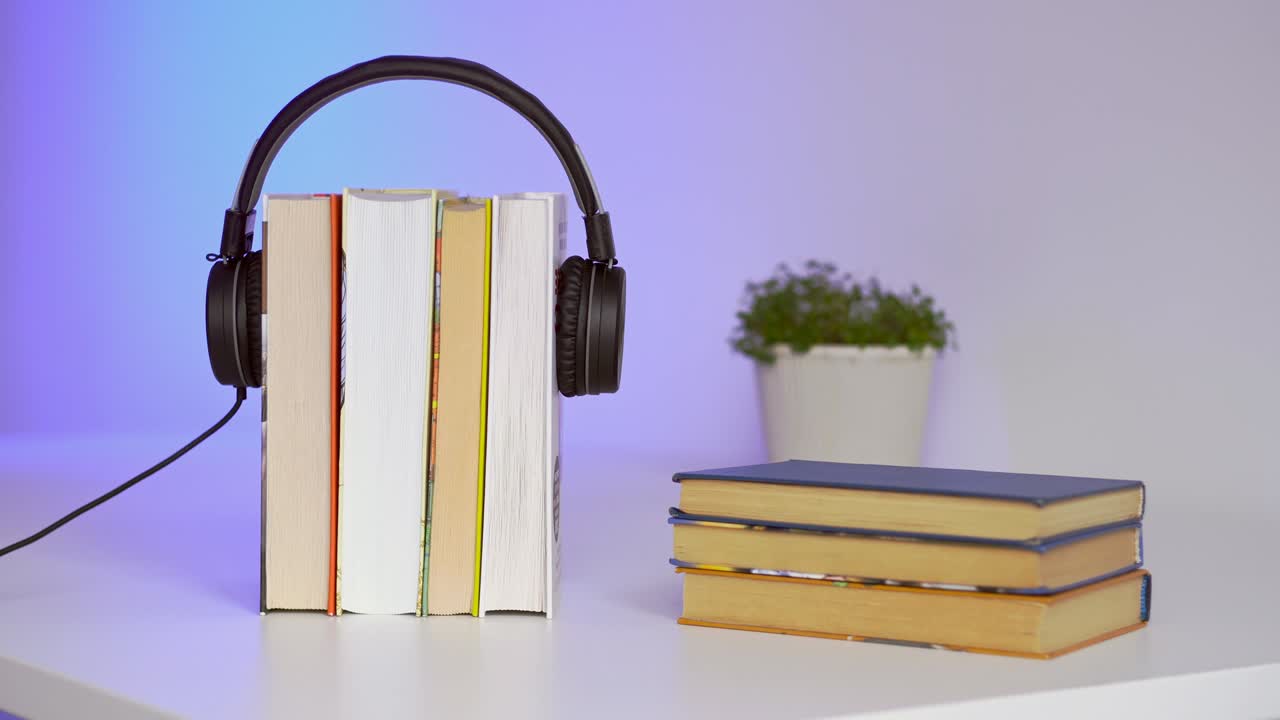 Black headphones with stack of books on blue background. Audio books or education concept.