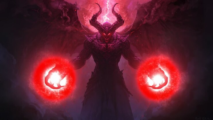 Emerging horned demon in misty chasm pulsing armor summoning crimson orbs under red moon, lightning
