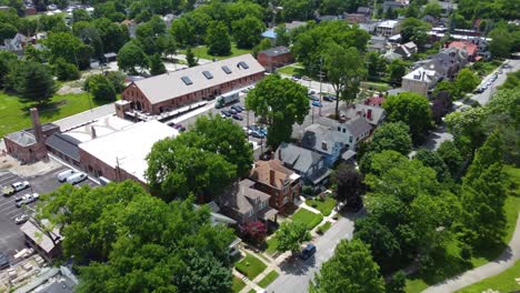 Mercado-Del-Este-En-Columbus,-Ohio-En-El-Distrito-De-Trolley,-Dron-Aéreo