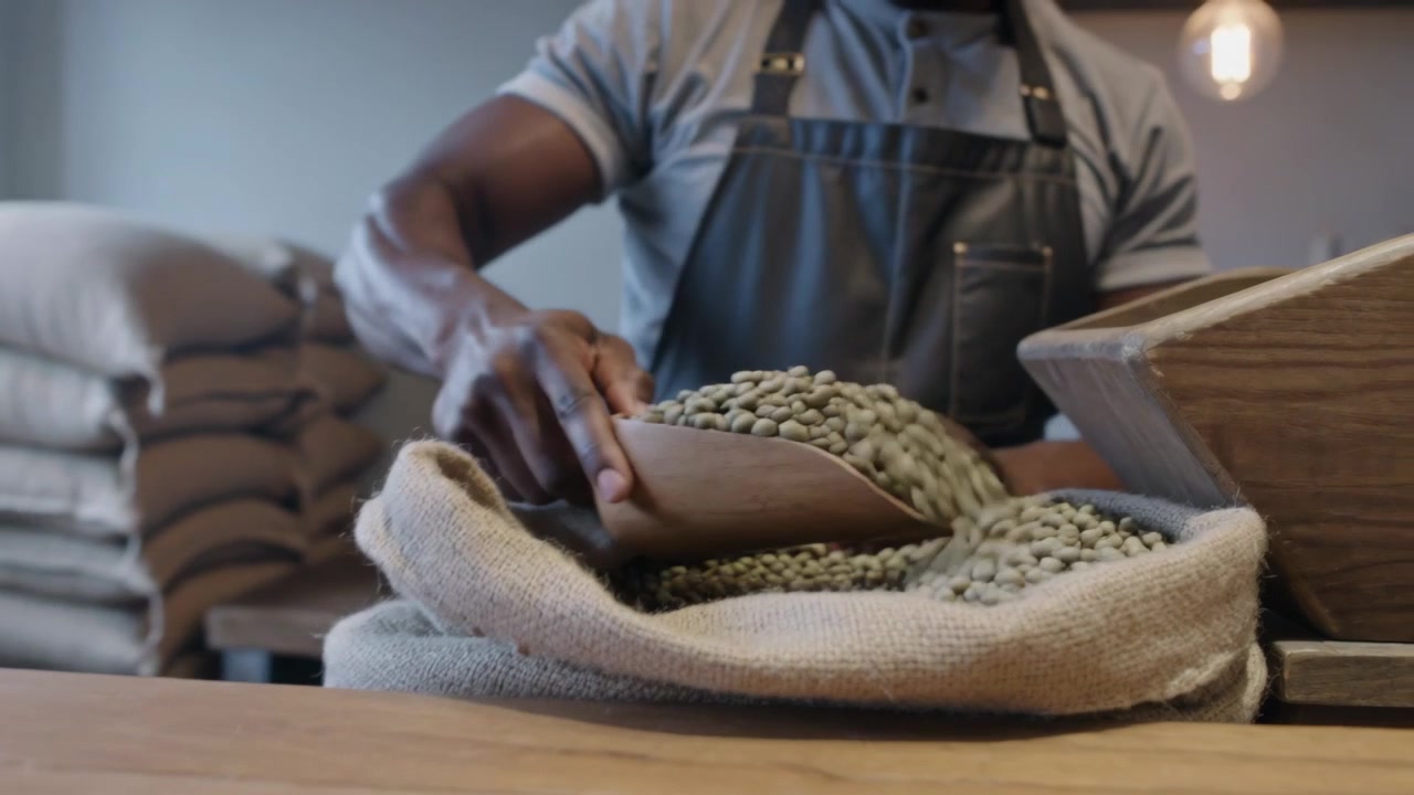 Lifting sack, barista wearing apron scooping green beans with scoop into hopper at roaster to roast