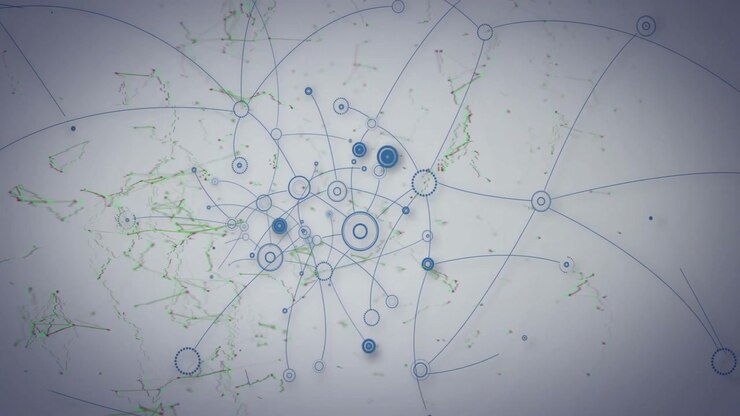 Single blue point appearing triggers abstract network forming and expanding showing network growth