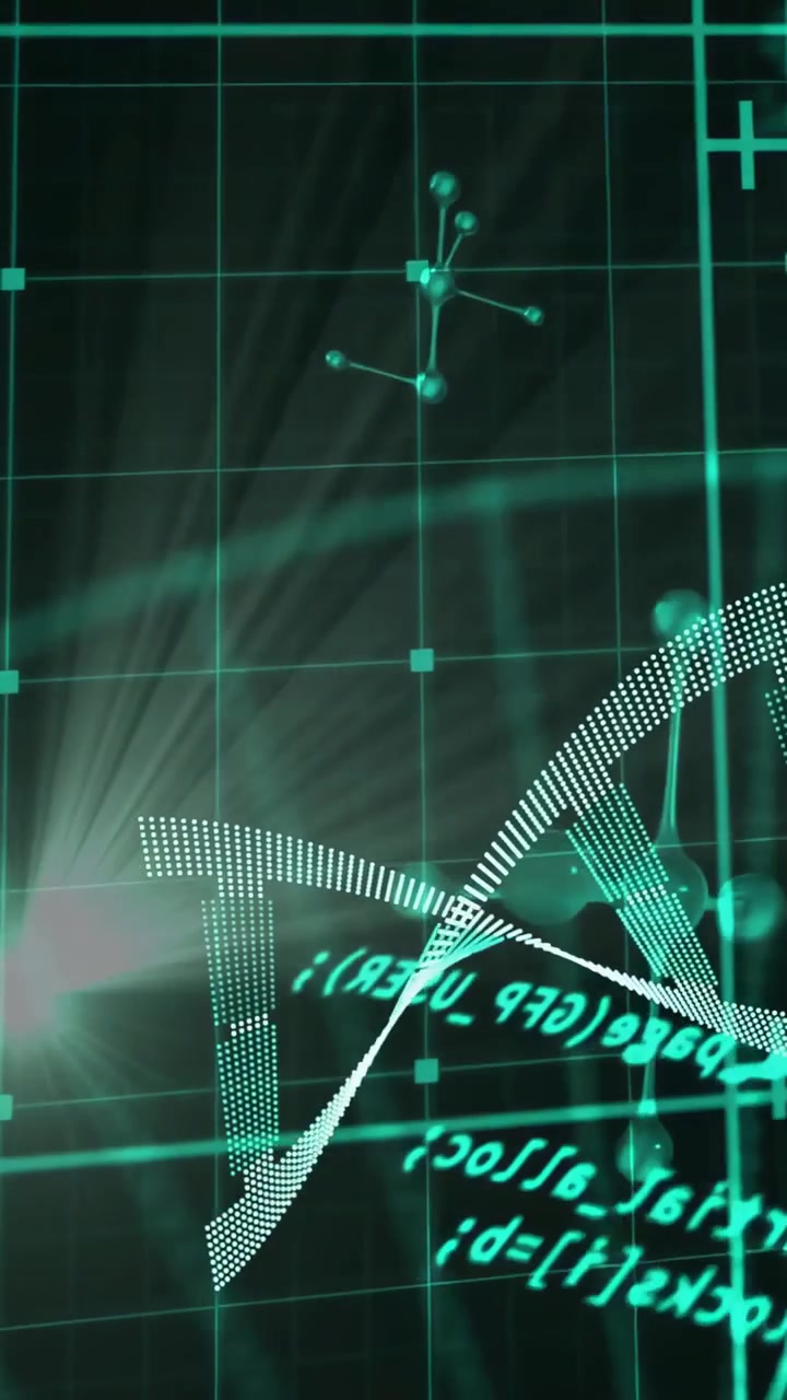 Vertical video: Light sweep starting dotted DNA helix waving while molecules drifting, showing data