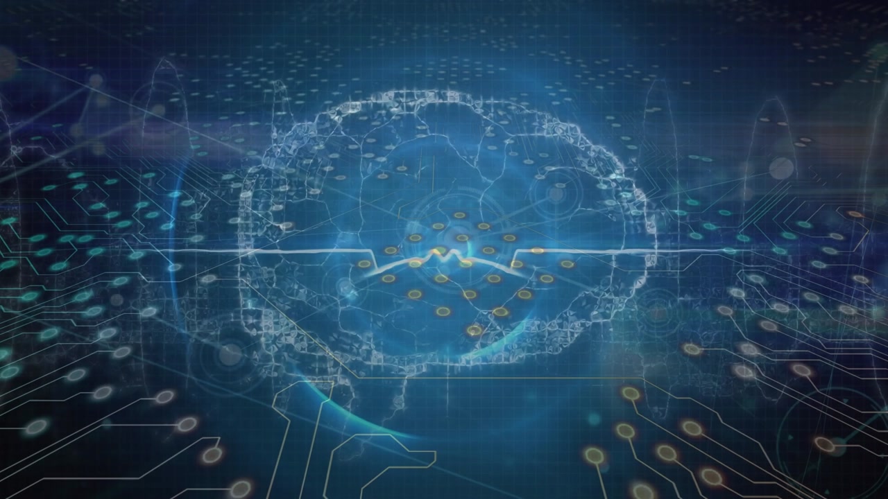 Animation of network of connections with digital brain over computer circuit board