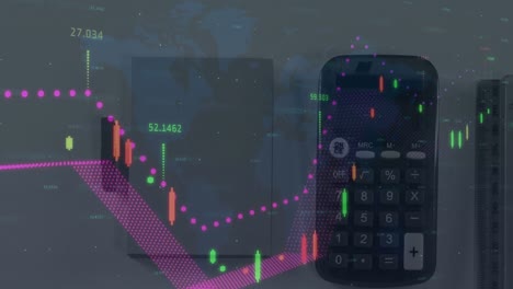 Animation-Der-Finanzdatenverarbeitung-über-Dem-Taschenrechner-Auf-Dem-Schreibtisch