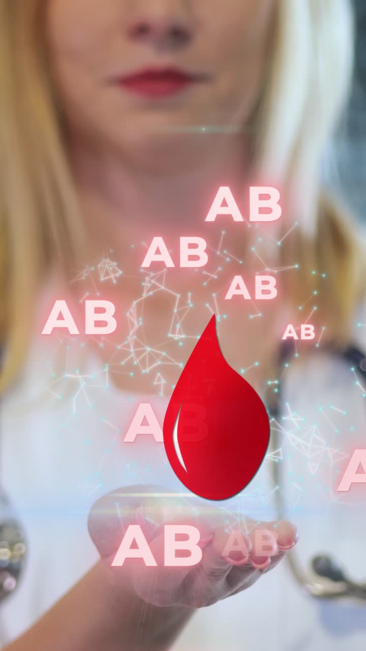 Rare AB Blood Type Symbols Around Red Blood Drop On Doctor's Hand. - vertical shot