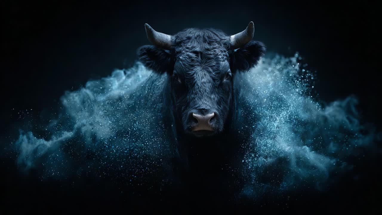 A Majestic Black Cow Emerges from a Dreamlike Blue Vapor, Showcasing Strength and Beauty Amidst a Mystical Atmosphere