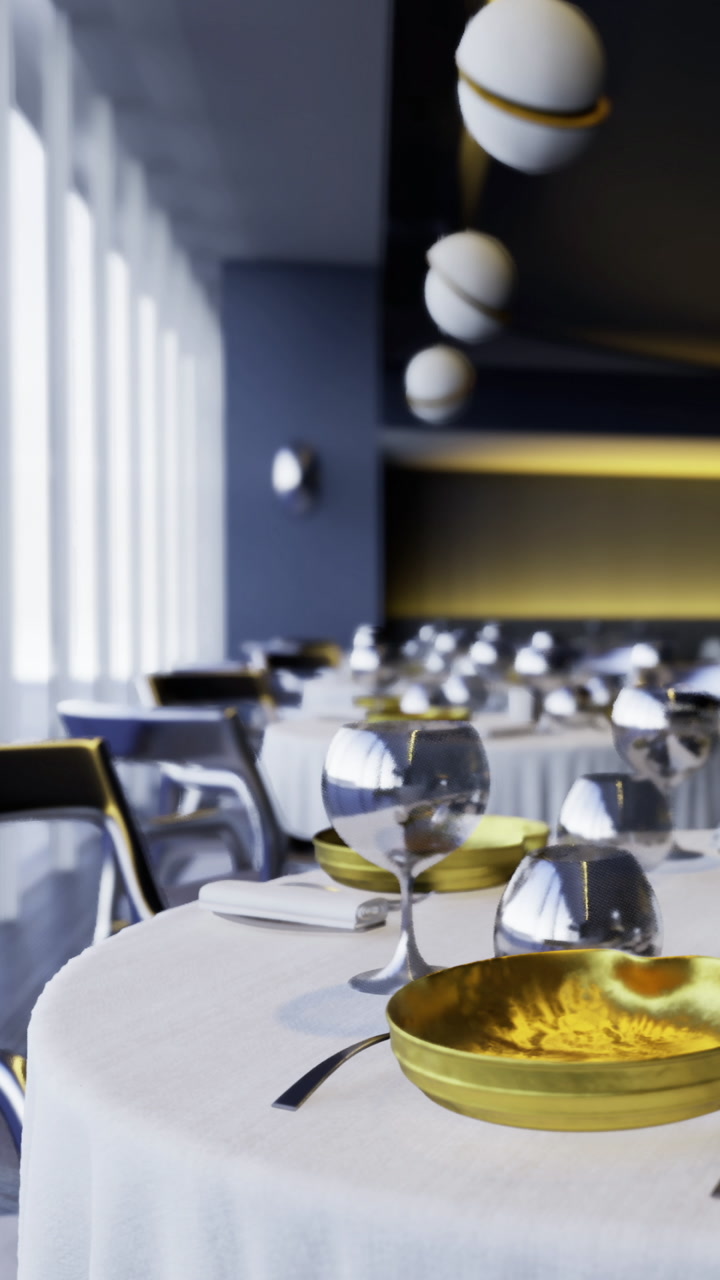 Bright dining area with tables set for meal in modern restaurant