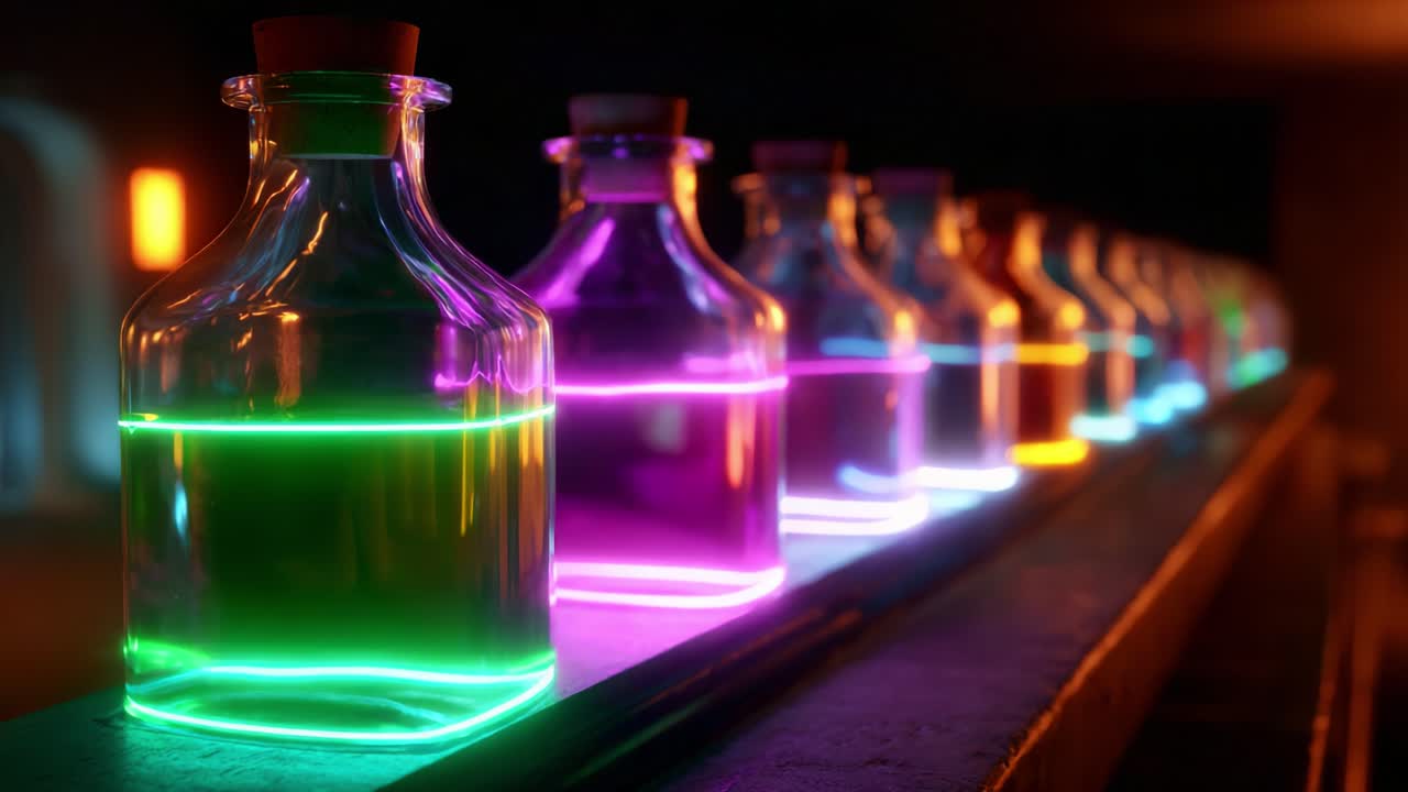 A vibrant array of luminous potion bottles lined up in a dark setting, showcasing a spectrum of colors glowing softly along their edges, hinting at magical or scientific properties within each container