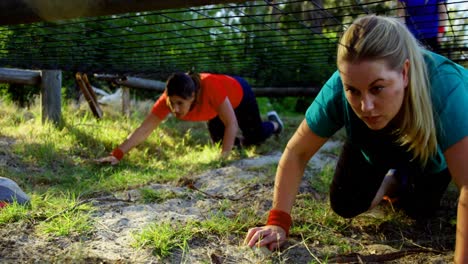 mujeres decididas arrastrándose bajo la red durante una carrera de obstáculos