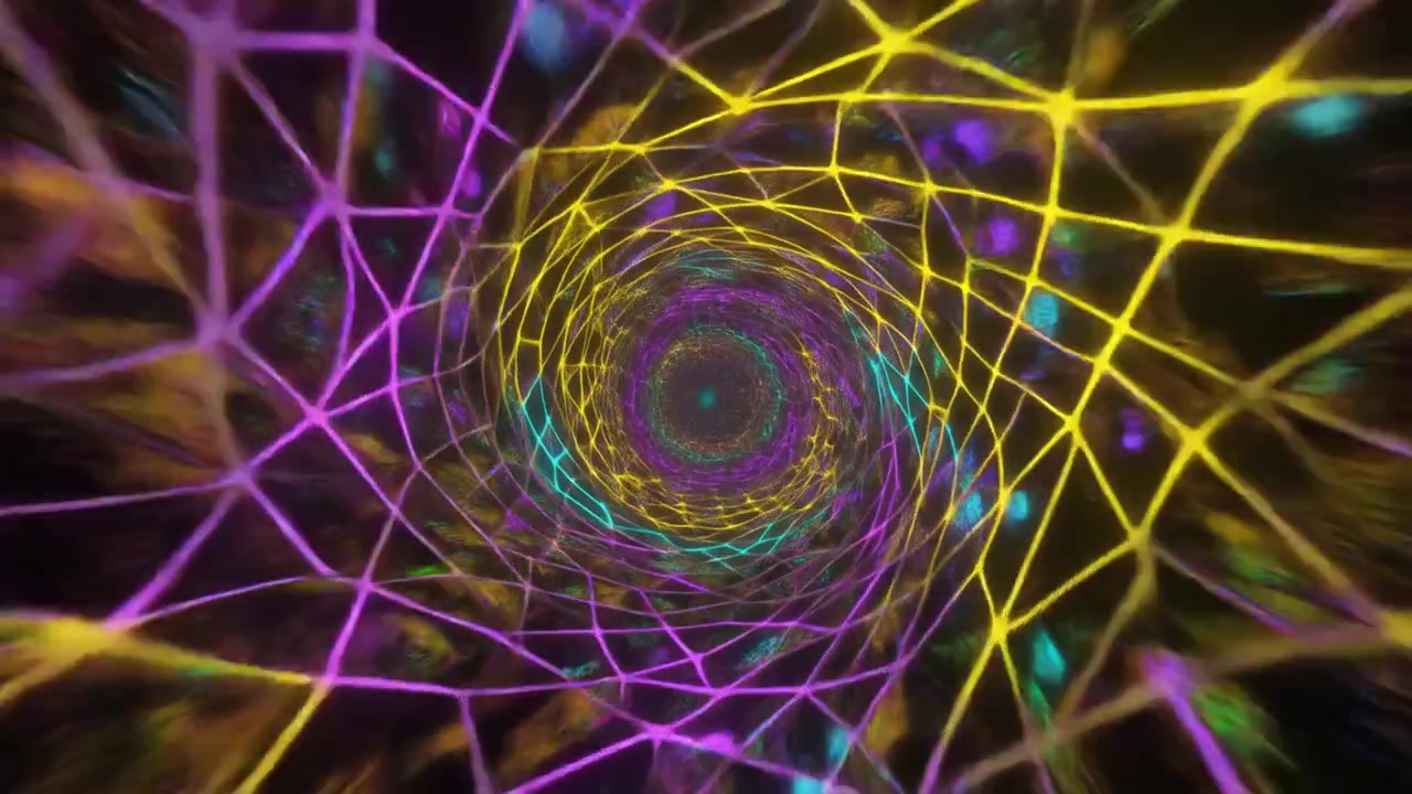 Terowongan Geometris Neon Abstrak Bergerak Melalui Ruang