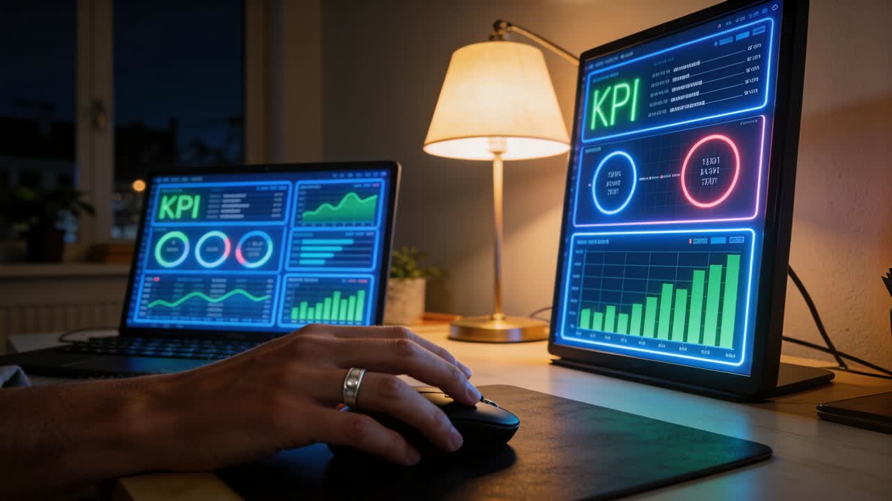 Analyst hand moving mouse, updating business dashboards with charts and gauges, monitoring growth