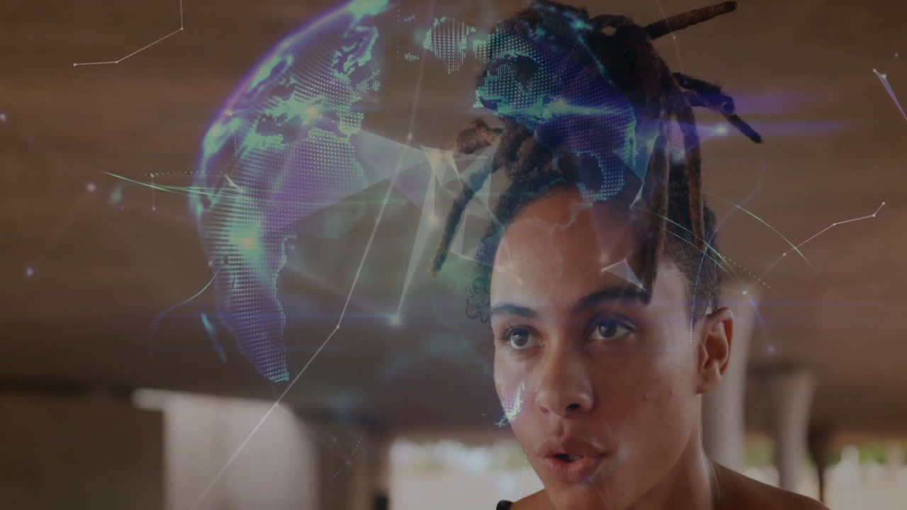 conexiones de red digital y animación de puntos de datos sobre persona enfocada