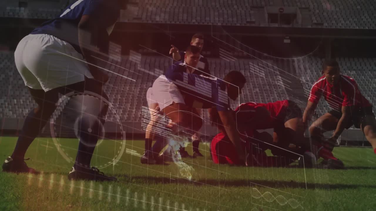 animación del procesamiento de datos durante un partido de rugby en un estadio deportivo