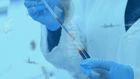 animación del registro estadístico y el procesamiento de datos sobre un científico que sostiene un tubo de ensayo en el laboratorio