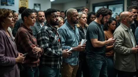 diverse group of people waiting in a line