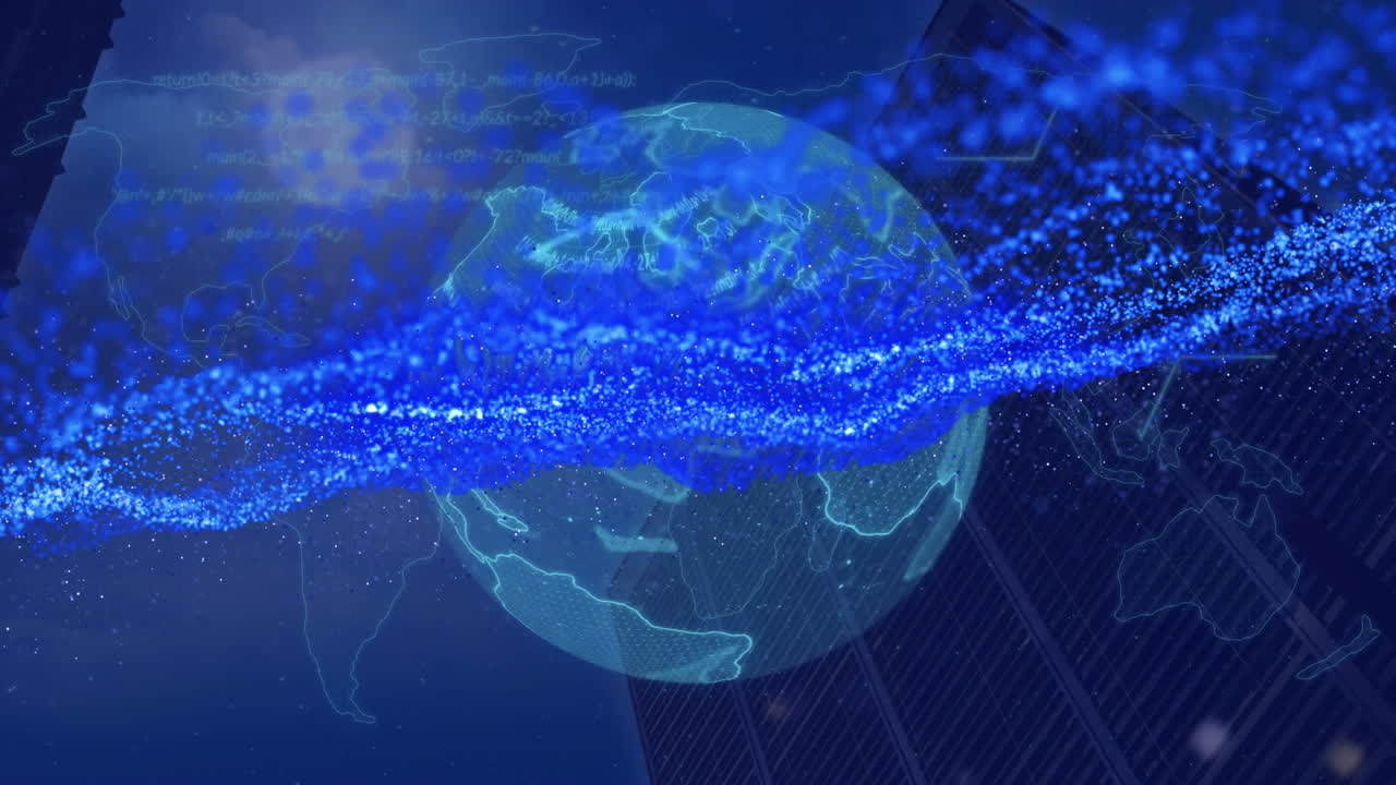 세계 지도 위에 있는 지구의 애니메이션과 빛나는 파란색 메시