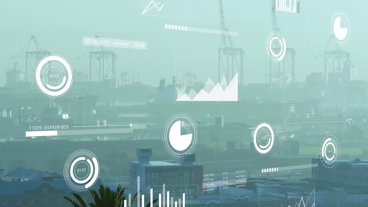 animación de múltiples gráficos, barras de carga y círculos sobre edificios modernos contra el cielo