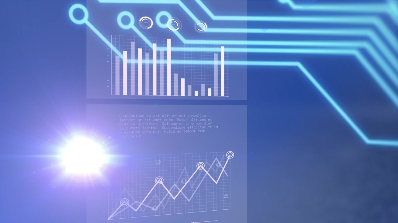 Animation of computer circuit board and data processing on black background