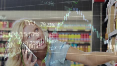 Animation-of-trading-board-and-graphs-over-caucasian-happy-woman-talking-on-phone-in-supermarket