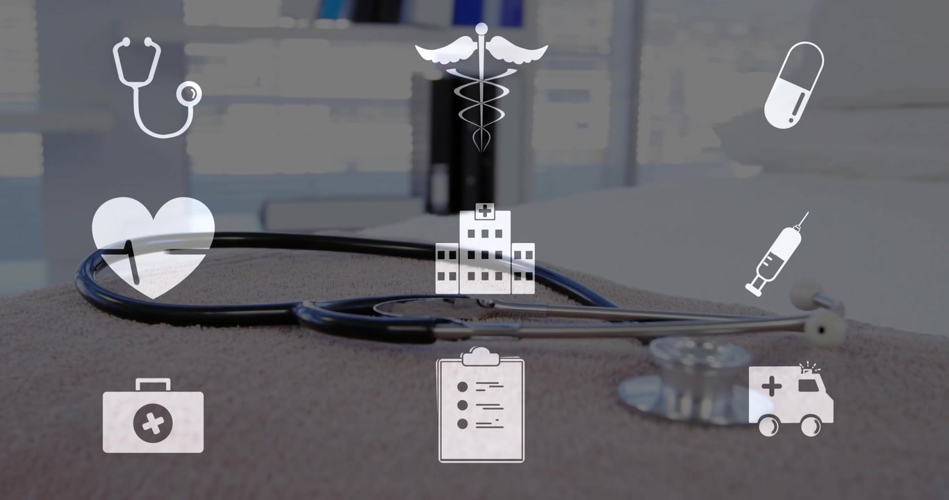 La telecamera sposta la messa a fuoco rivelando uno stetoscopio su un tablet in una clinica, con icone in sovrimpressione fisse per uso clinico.