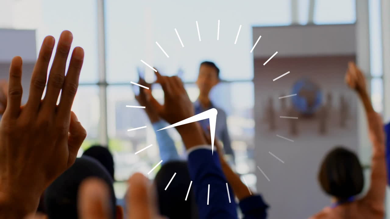 Clock animation over diverse audience raising hands in conference setting