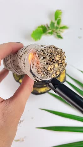 white sage smudge stick being lit