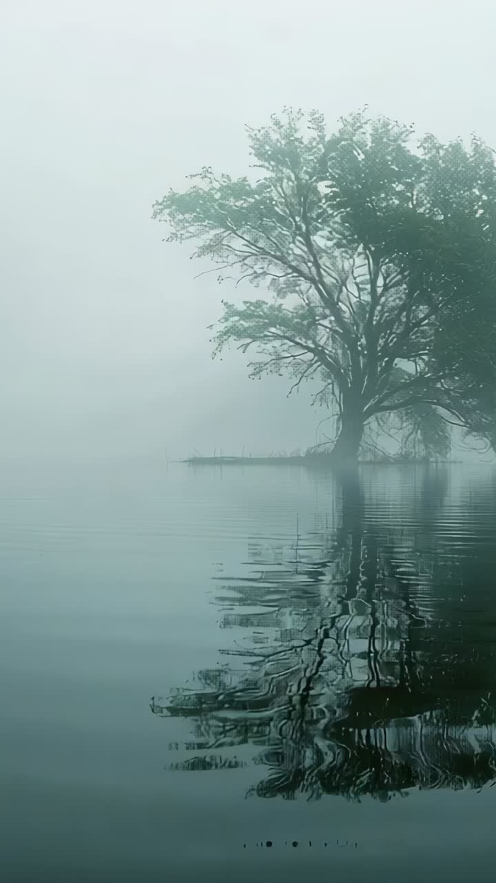 Vertical video: Rising camera showing tree at lake shore, revealing misty reflection and ripples