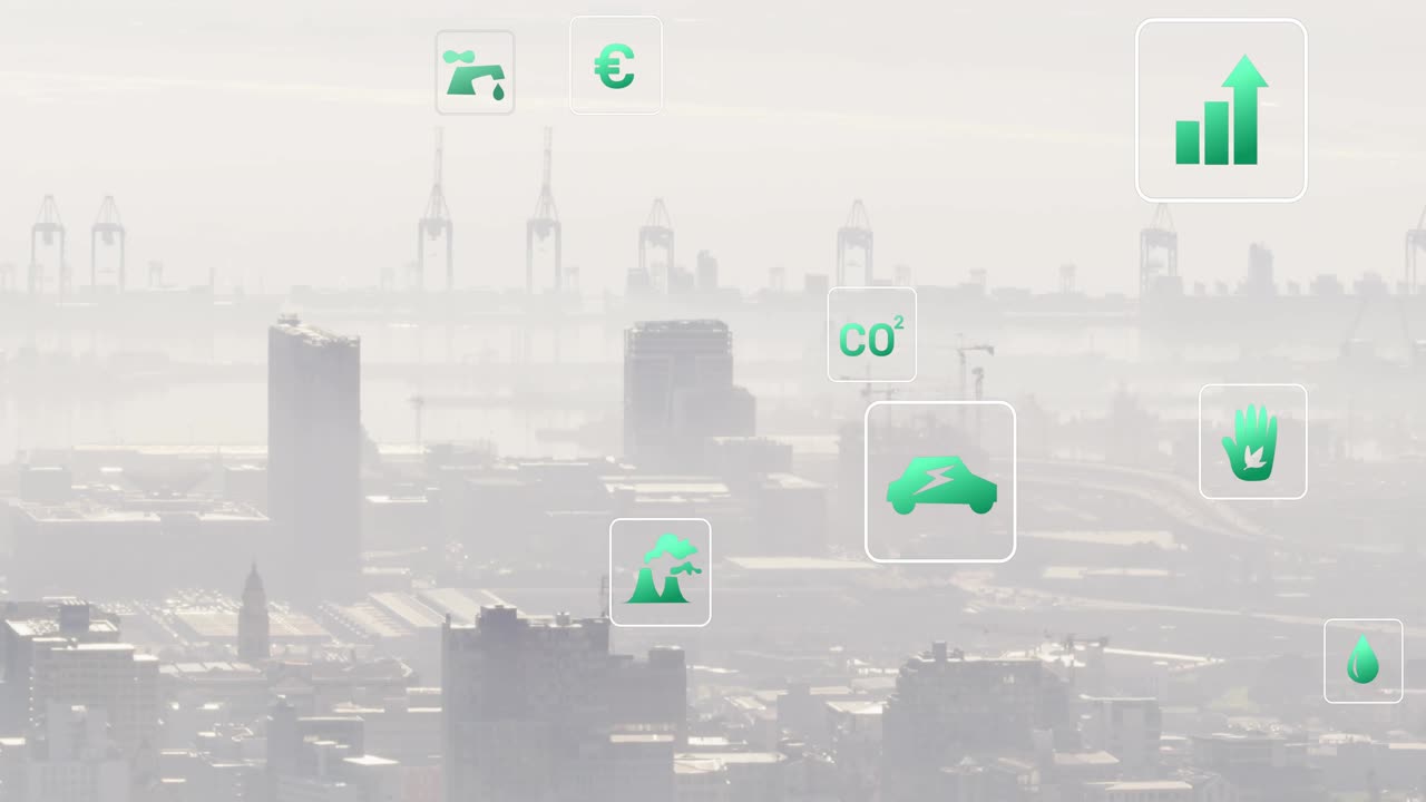 On play green icons car CO2 tap chart appearing over hazy skyline floating scaling showing metrics
