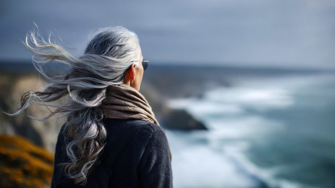 A contemplative moment by the ocean, where a serene figure with flowing silver hair gazes at the vast sea, embraced by nature's beauty and tranquility under a cloudy sky