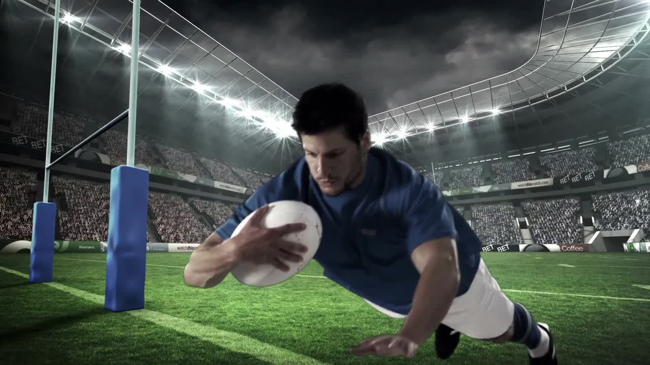 심각한 럭비 선수가 시도를 기록하고 있습니다.