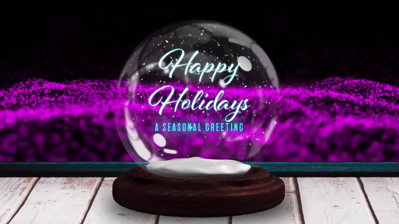 animación de felicitaciones de navidad en globo de nieve en tablas de madera, estrella fugaz y malla rosa