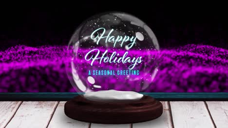 Animation-of-christmas-greetings-in-snow-globe-on-wooden-boards,-shooting-star-and-pink-mesh