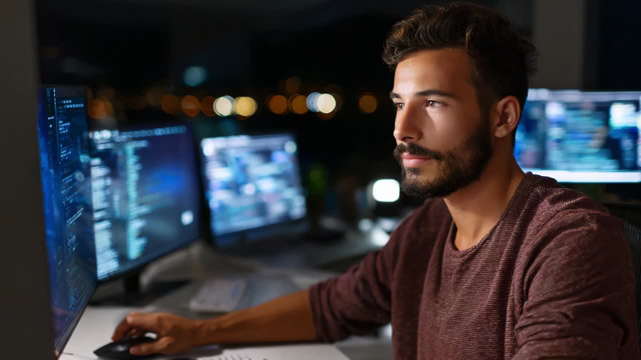 Focused Programmer Analyzing Complex Code on Multiple Monitors in a Dimly Lit Room with an Urban Nightscape Background Showcasing Professional Coding and Data Analysis Skills