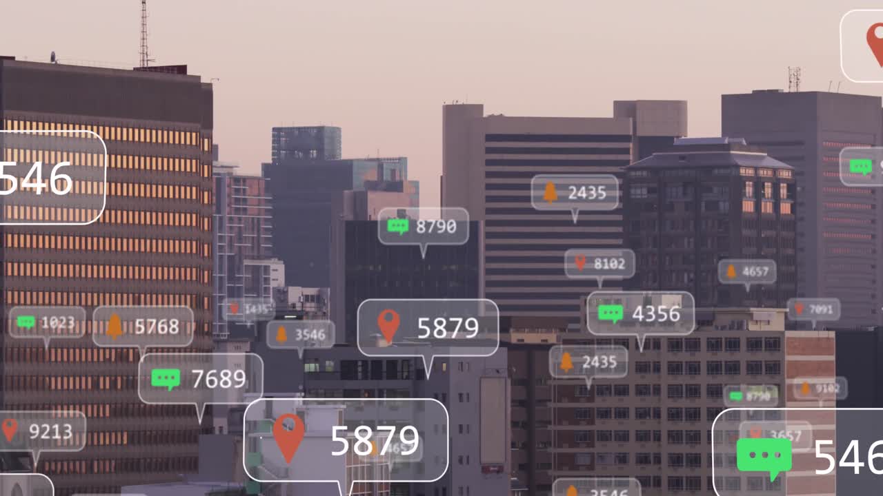 소셜 미디어 아이콘의 애니메이션과 도시 풍경에 대한 데이터 처리