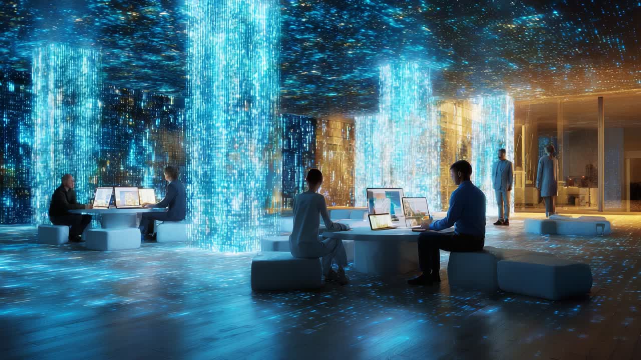 Visually Captivating Digital Workspace with Modern Technology, Creative Minds Collaborating in an Immersive Environment Surrounded by Glimmering Light Patterns and Interactive Displays