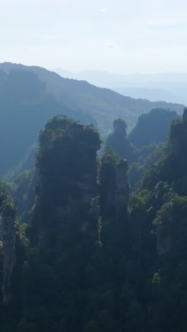 vertical aerial flying between tall mountain peaks in zhangjiajie park, china