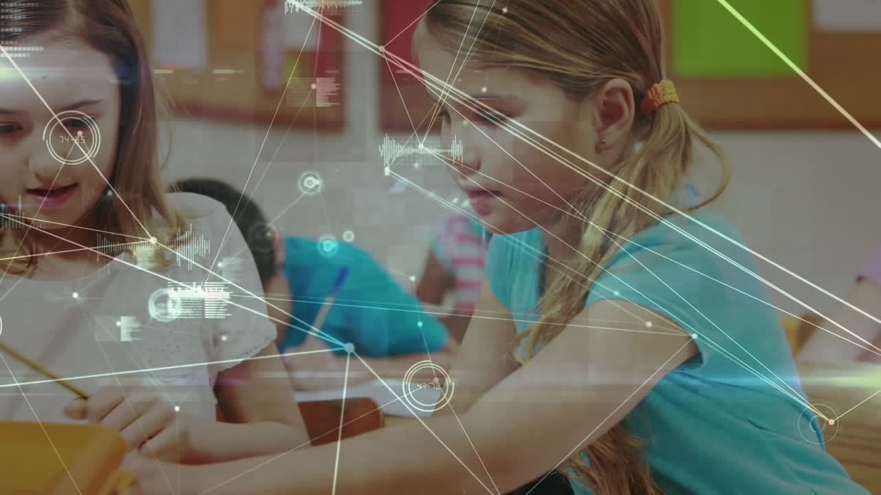 animación de la red de conexiones y estadísticas sobre los escolares