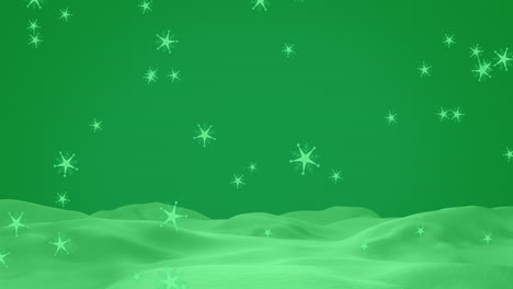 animation of snowflakes falling over winter landscape against green background with copy space