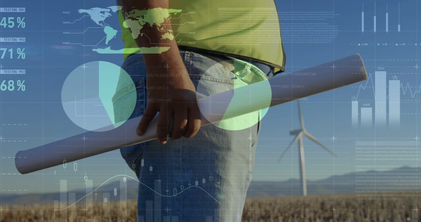 Engenheiro ajustando o manuseio enquanto a câmera faz um movimento panorâmico, gráficos animados sobrepostos a planos analisando dados de vento