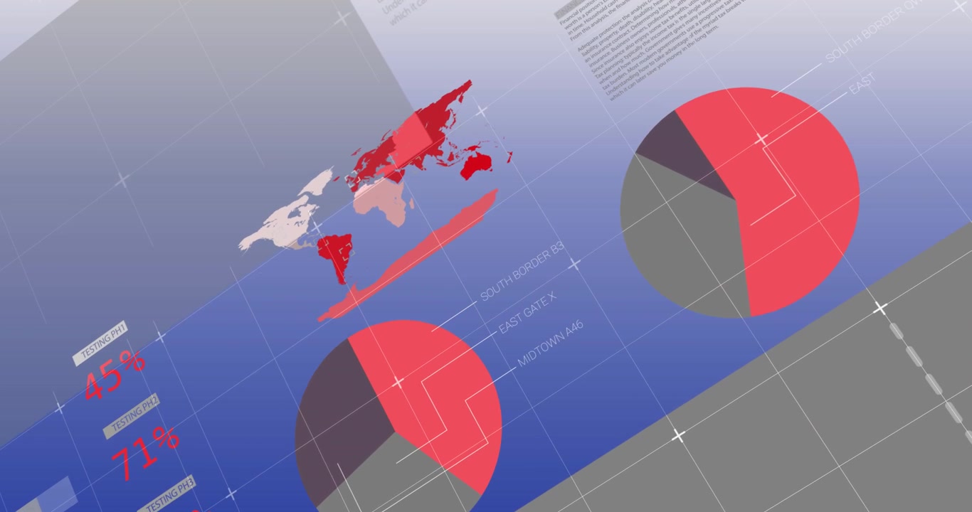 Animazione di elaborazione dati e icone con globo e rete di connessioni