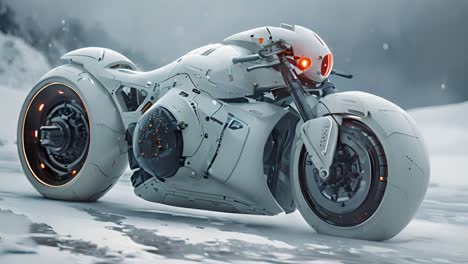 futuristic white motorcycle in a snowy landscape