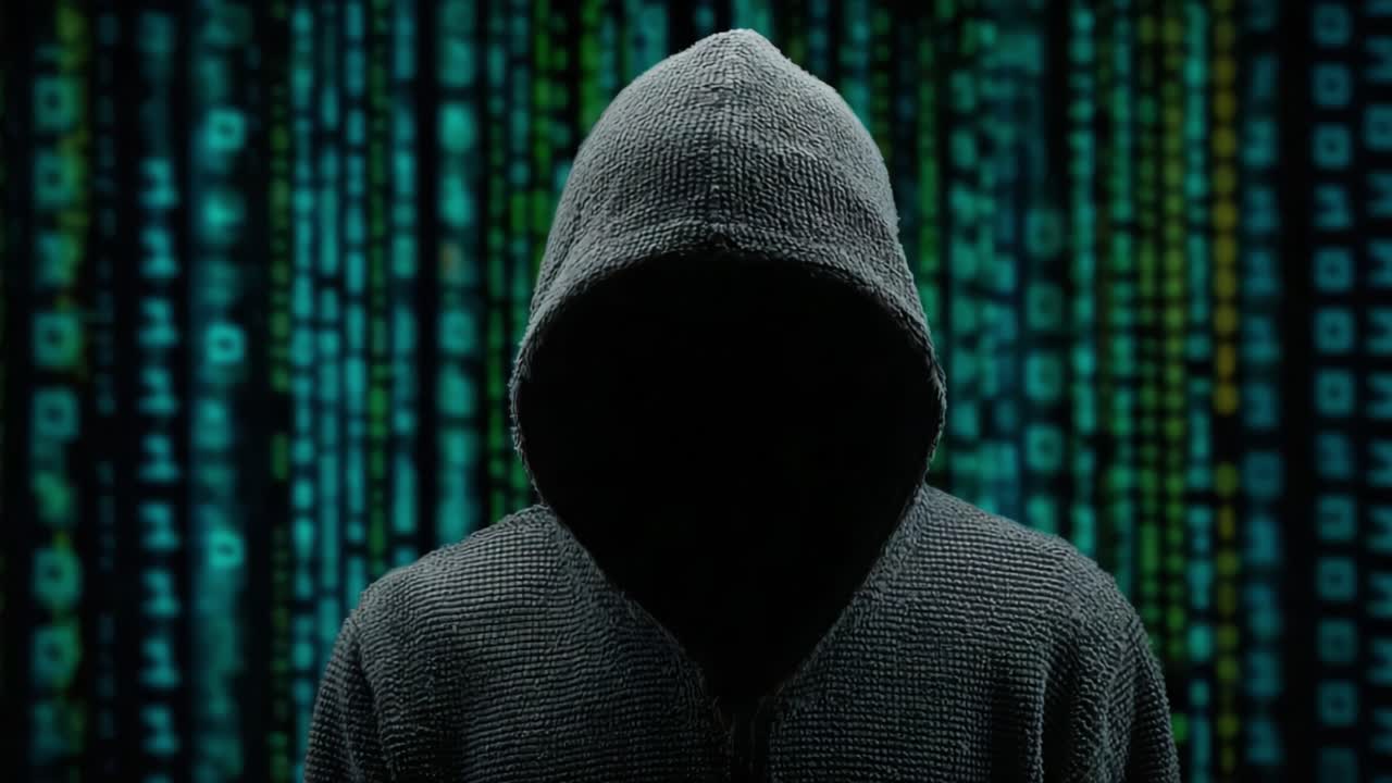 A mysterious figure cloaked in a hood stands against a backdrop of cascading digital code, evoking themes of anonymity, cyber security, and the unseen world of hacking