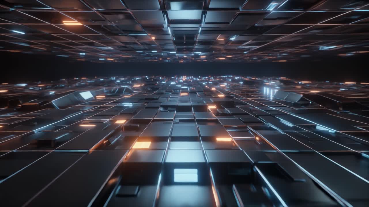 Futuristic Digital Grid with Glowing Blue and Orange Lights